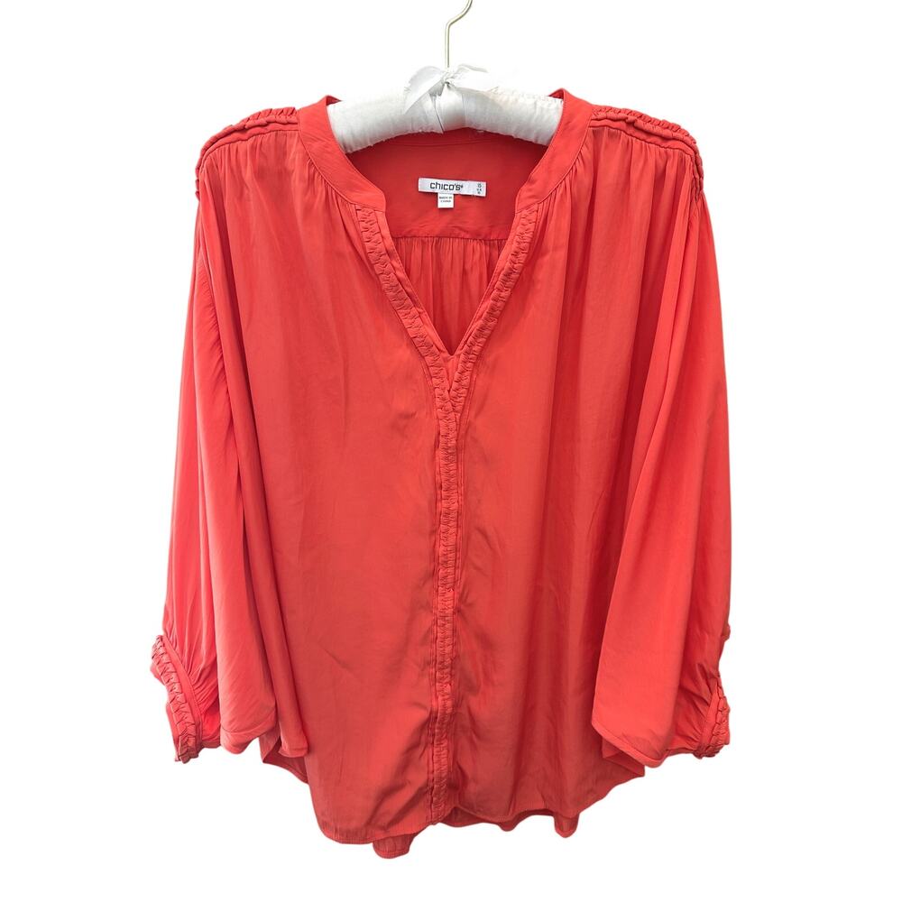 CHICO’S Orange Peasant Blouse Boho Flowy Top Balloon Sleeve | Size 1.5 (10)